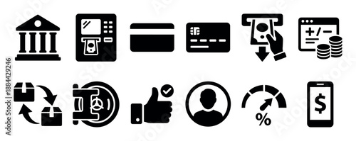 Black glyph icon set for finance services showing a bank, ATM withdrawal, credit card, vault, mobile payment, and interest rate symbols in a minimalist flat style