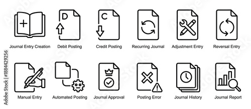 Set of black line icons for accounting and bookkeeping, illustrating journal entry, debit, credit, posting, approval, and financial reporting symbols for business applications