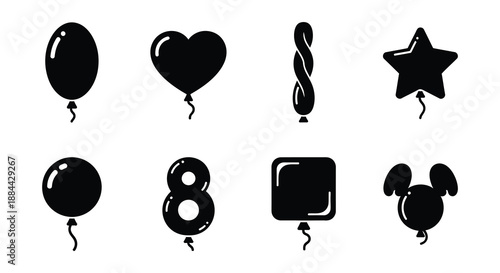 Collection of black silhouette balloons in various shapes and sizes