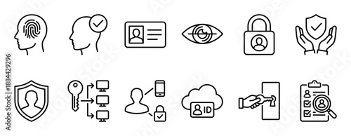 Collection of black line icons representing personal identification, data security, and user verification concepts including biometrics, ID cards, and access control symbols for digital interfaces