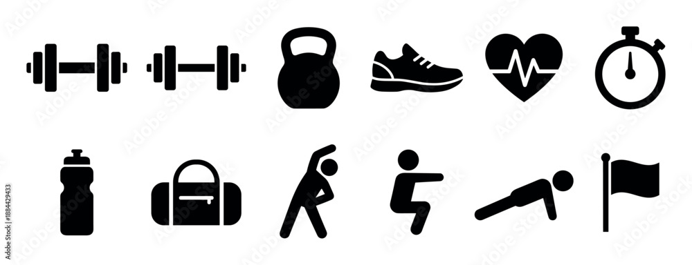 custom made wallpaper toronto digitalSet of black fitness icons for gym workouts and healthy lifestyle concepts, including dumbbell, kettlebell, sneaker, heart rate, and stopwatch symbols in a simple glyph style