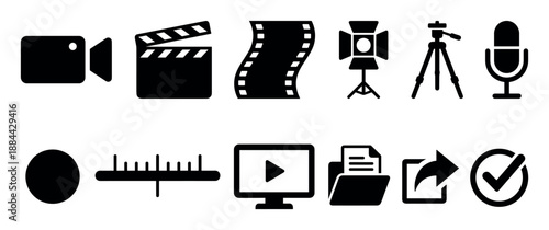 Set of black video production icons for filmmaking and editing, including a camera, clapperboard, film strip, microphone, and post-production workflow symbols
