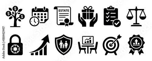 Collection of black glyph icons representing estate planning, investment growth, financial security, and legal services for business success and wealth management in a simple flat style