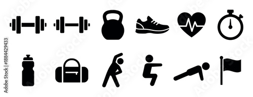 Set of black fitness icons for gym workouts and healthy lifestyle concepts, including dumbbell, kettlebell, sneaker, heart rate, and stopwatch symbols in a simple glyph style