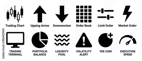 Set of black financial trading icons for stock market and cryptocurrency concepts including chart, arrow, order book, and terminal symbols in a minimalist glyph style