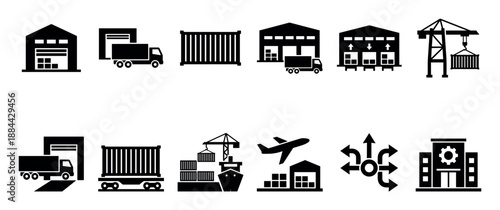 Black glyph icon set for supply chain management, featuring minimalist symbols for a warehouse, delivery truck, shipping container, cargo port crane, airplane, and distribution