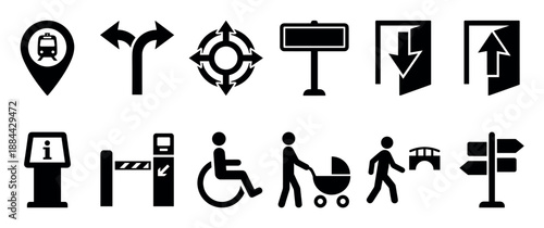 Collection of black public transport and navigation icons showing symbols for accessibility, direction, information, and location for use in wayfinding systems and user interfaces