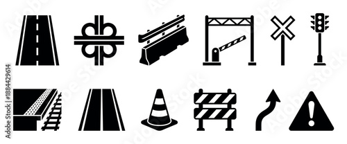 Collection of black road traffic icons including a highway, junction, barrier, traffic light, cone, and warning sign in a minimalist flat vector style for transportation concepts