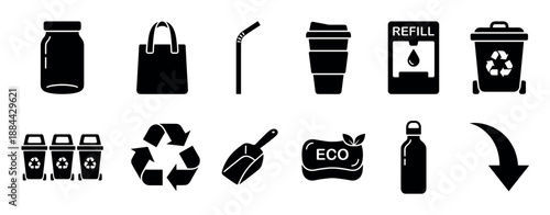 Set of black glyph icons representing zero waste and sustainability concepts, including a reusable bag, bottle, cup, and recycling bins for environmental awareness