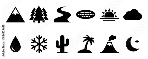 Diverse set of black nature icons representing various landscapes and weather phenomena like mountains, forests, rivers, sun, clouds, snow, volcanoes, and the moon