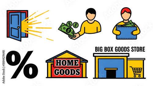 Collection of icons depicting shopping, finance, and home goods stores, with a door opening to reveal light and money