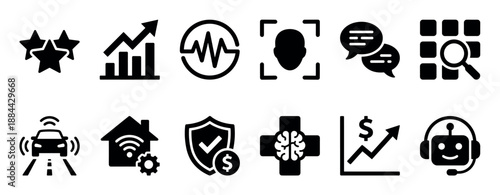 Set of black glyph icons representing modern business and technology concepts like AI chatbot, facial recognition, smart home, financial growth, and data analysis