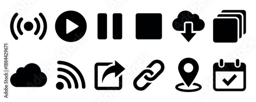 Twelve black glyph icons for multimedia and internet applications, featuring symbols for streaming, playback control, cloud storage, sharing, location, and calendar events