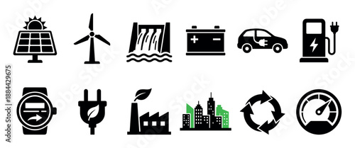 Set of renewable energy and sustainability icons featuring solar panels, wind turbines, electric vehicles, green cities, and recycling symbols in a minimalist flat graphic style