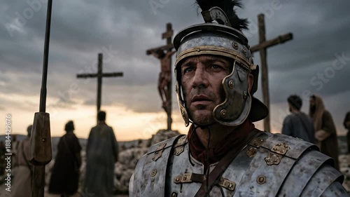 Roman Centurion Soldier in Armor Looking at Crucifixion Crosses on Golgotha Hill Recognizing Jesus Christ as Son of God Depicting Biblical Faith and Redemption Scene during Holy Week Easter