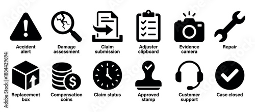 Set of black glyph icons for the insurance claim process, illustrating steps from accident alert and damage assessment to compensation, repair, and final approval