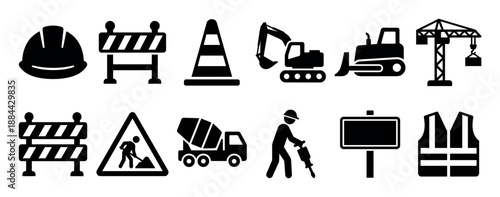 Set of black construction work icons including heavy machinery, safety equipment, and road signs like an excavator, crane, hard hat, and traffic cone in a simple silhouette style