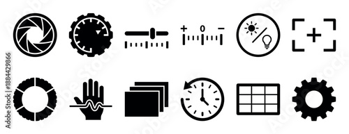 Collection of black photography setting icons for camera interfaces, including aperture, shutter, exposure, and focus symbols in a minimalist glyph style for UI design