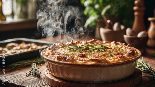 Cozy home-cooked casserole steaming, ready to serve in a bakeware dish