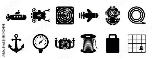 Collection of black silhouette icons representing underwater exploration and naval equipment, including a submarine, ROV, sonar, torpedo, diving helmet, and anchor in a flat vector design