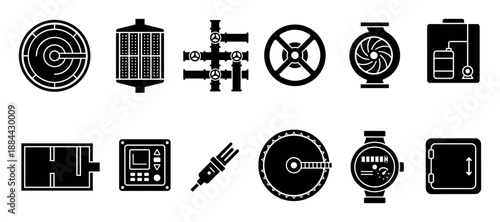 Water treatment and purification system icons set featuring black glyphs of industrial equipment like pumps, filters, pipes, valves, and sensors for wastewater management