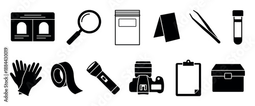 Collection of black silhouette forensic science icons including a magnifying glass, evidence bag, camera, and gloves for crime scene investigation concepts