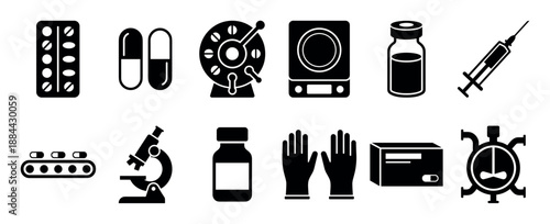 Set of black pharmaceutical industry icons showing pills, capsules, a microscope, syringe, and manufacturing equipment in a simple glyph silhouette style vector illustration