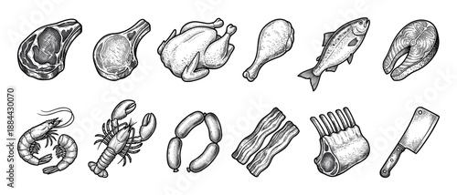 Set of raw meat seafood and poultry including steak, chicken, fish, lobster, and sausage in a detailed vintage black and white hand-drawn engraving style illustration