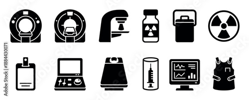 Set of black glyph icons for nuclear medicine and radiology including MRI scanner, radioactive symbol, and diagnostic equipment in a minimalist vector style