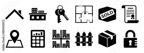 Collection of black real estate icons representing property investment, home buying, and selling, featuring minimalist symbols like a house, key, floor plan, and sold sign