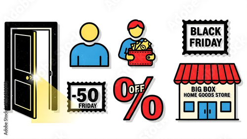 Collection of vibrant shopping and retail icons depicting various discount percentages, seasonal sale events, and consumer opportunities for great deals