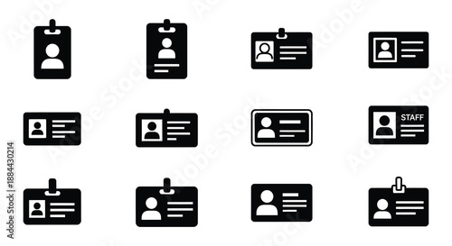 Various identification cards and badges illustrated in a simple black and white style