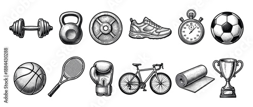 Large set of vintage sport equipment including a dumbbell, kettlebell, ball, bicycle, and trophy, drawn in a black and white engraving style for fitness and competition concepts