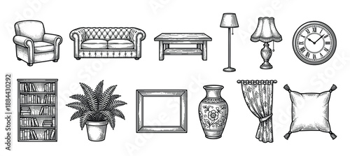 Collection of vintage home furniture and decor items including a sofa, armchair, table, lamps, clock, and bookshelf drawn in a detailed black and white engraving style