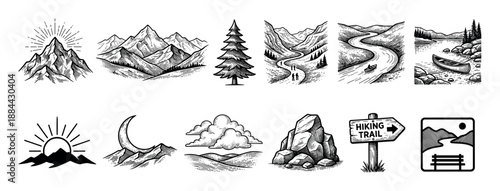 Set of vintage outdoor adventure icons featuring mountains, a river, a pine tree, and a hiking trail sign, all illustrated in a black and white hand-drawn engraving style