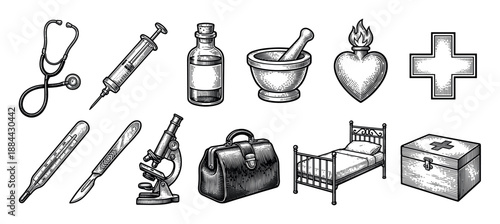 Collection of vintage medical equipment icons drawn in a black and white engraving style, including a stethoscope, syringe, microscope, scalpel, and first aid kit