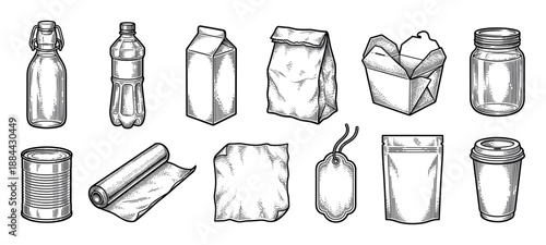 Set of various food packaging containers including a bottle, can, jar, and box, drawn in a detailed vintage black and white engraving style illustration