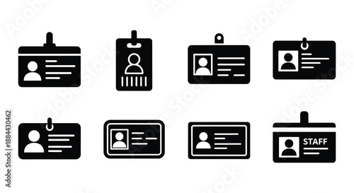 Various identification cards and badges illustrated in a simple black and white style