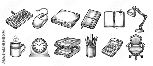 Hand-drawn office and workplace equipment set in a detailed vintage woodcut style, featuring a keyboard, mouse, laptop, notebook, lamp, clock, and chair