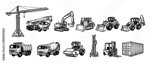 Set of construction heavy machinery illustrations in a detailed black and white vintage engraving style, featuring a crane, excavator, bulldozer, dump truck, and forklift for building projects