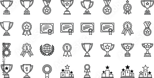 Award trophy and achievement icon set featuring cups, medals, certificates, winners podium symbols, outline vector illustration isolated on white background