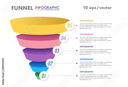 Funnel infographic 5 step or option trendy 3d for business strategy, start up project, presentation, sale strategy, theory basic operation, logic analysis