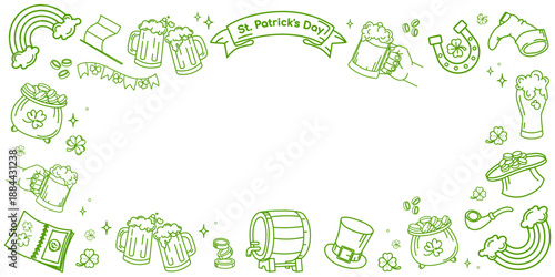 Festive green line art frame banner with St. Patricks Day icons beer mugs, clovers, rainbow, coins, hat, horseshoe, for party invitations, holiday flyers, greeting cards, posters, social media.Vector