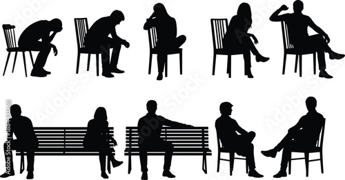 Seated people silhouettes showing men and women sitting on chairs and benches isolated on white background for lifestyle, office, waiting and social concepts