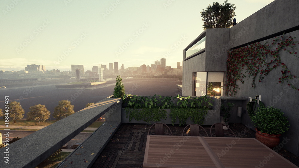 Fototapeta premium Rooftop terrace with city skyline bathes in soft sunrise light, wooden decking and potted plants frame intimate urban garden. Woven rug and outdoor seating