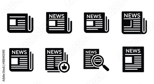 Various depictions of newspapers and news media in a black and white style