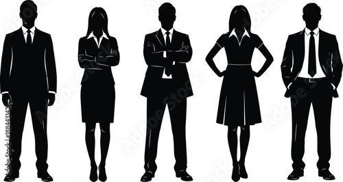 Professional business team silhouettes in formal suits standing together, corporate leadership, diverse group of executive people on white background.