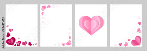 Set of Valentines Day card templates with pink and red hearts in minimalist layouts,paper cut heart design for romantic greeting cards, invitations, love notes, printables, social media posts.Vector