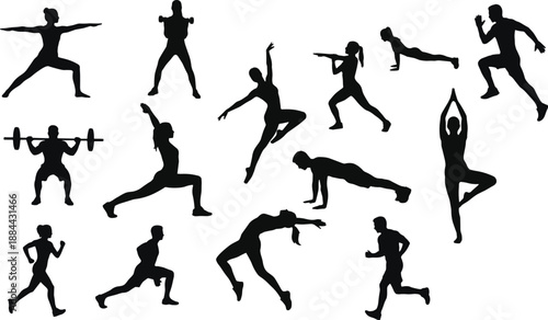 Fitness Exercise Silhouettes Showing Men and Women Performing Gym Workouts, Strength Training, Cardio, Yoga and Athletic Movements for Healthy Active Lifestyle Concept Illustration