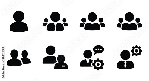 Black silhouettes depicting groups of people pairs and individuals with icons